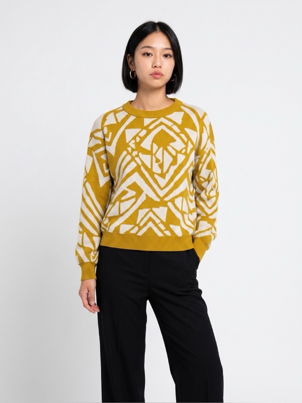 Amour Vert Mustard and Cream Geometric Crewneck Sweater - Women